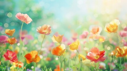 Obraz premium A vibrant banner with watercolor-style colorful flowers and a sunny, bokeh background, likely for a spring or Mother's Day theme.