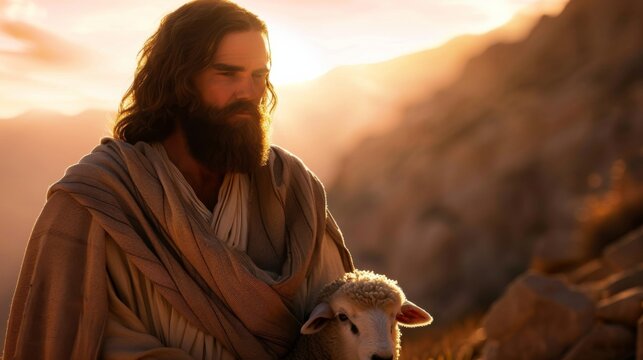 An artistic representation of a shepherd, symbolically similar to Jesus, with a lamb in a golden hour light setting.
