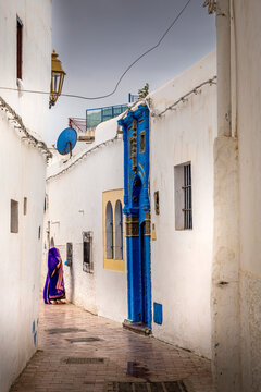 Rabat, Morocco - March 22, 2024: Typical street and architecture in the Kasbah of the Oudayas in Rabat, Morocco