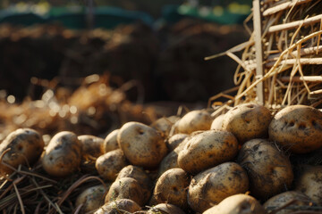 A rustic farm scene with freshly harvested potatoes in warm sunlight, emphasizing their earthy texture.