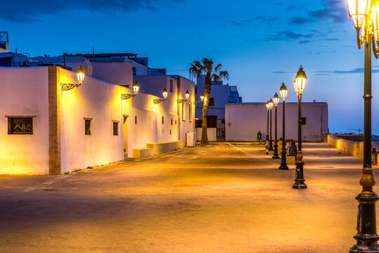 Rabat, Morocco - March 22, 2024: Typical street and architecture in the Kasbah of the Oudayas in Rabat, Morocco
