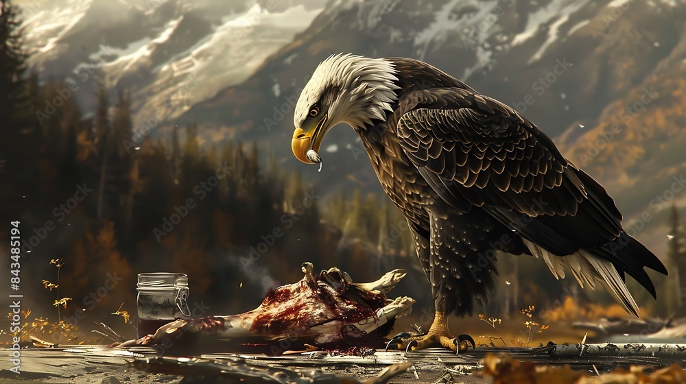 Wall mural Bald eagle dining on an animal carcass on the sores of the park