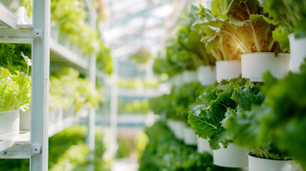 Indoor farm with white walls and columns, growing lettuce in vertical sections on white grid shelves, with green leaves against the bright background.