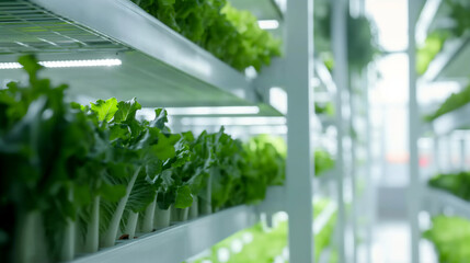 Indoor farm with white walls and columns, growing lettuce in vertical sections on white grid shelves, with green leaves against the bright background.