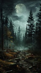 Fototapeta premium A mystical forest scene at night with a moonlit path, shrouded in fog and flanked by tall trees under a full moon.
