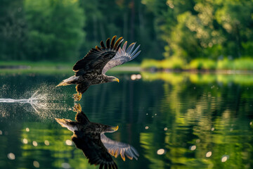 A white-tailed eagle flies over the lake, preparing to catch a fish. Water, reflection of a bird, green trees. Landscape photography. Fish hunting.