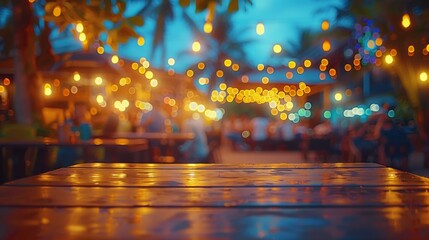 Obraz premium Wooden table surface with blurred background of beach cafe ambiance and bokeh lights during evening.