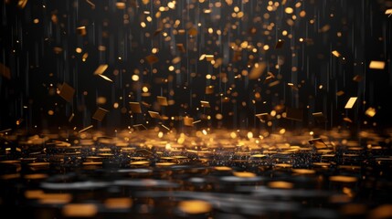 Naklejka premium Golden bokeh effect with glowing particles simulating rain, on a blurred dark background with reflective wet ground