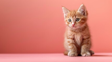 Obraz premium A cute kitten on a solid coral background with space above for text