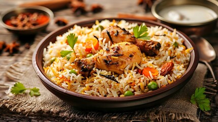 Chicken biryani rice meal set on a table