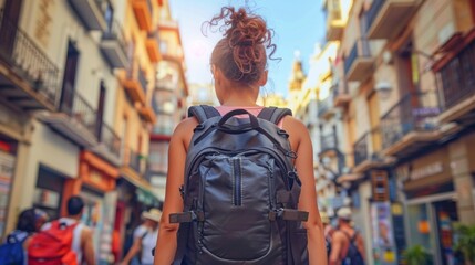 Obraz premium Young female traveler exploring old town street in Spain, with atmospheric blur and focus on her backpack.