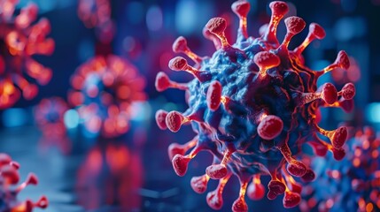 Close-up of vivid red and blue microscopic entities, resembling the structure of microbes or molecules.