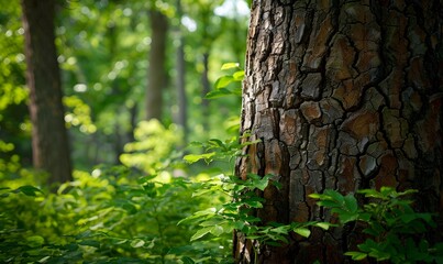 Obraz premium rough bark texture amidst lush green foliage in a tranquil forest, Generative AI