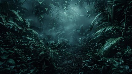 Mystical night in a dense tropical jungle with a moonlit path winding through lush foliage under a foggy sky.