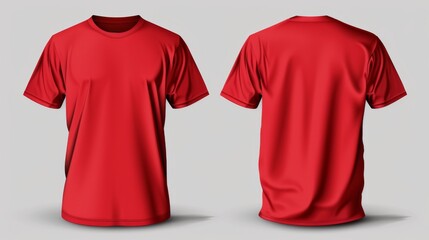 A photo-realistic image of male red t-shirts on a white background, front and back view with copy space.