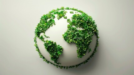 A creative depiction of Earth using green leaves to symbolize eco-friendliness on a light background.