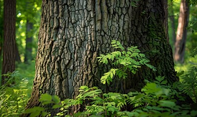 rough bark texture amidst lush green foliage in a tranquil forest, Generative AI