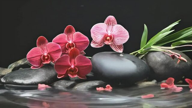 red Orchids and spa stones balance on calm water, claming spa videos, calming ambient videos, relaxing videos, seamless looping 4k videos, youtube, stock videos, asmr videos, calming nature videos