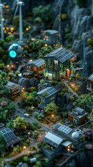 Obraz premium A miniature-scale renewable energy production facility with wind turbines and greenhouses at night.