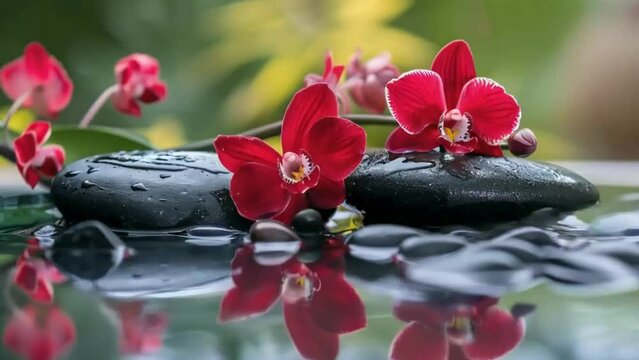 red Orchids and spa stones balance on calm water, claming spa videos, calming ambient videos, relaxing videos, seamless looping 4k videos, youtube, stock videos, asmr videos, calming nature videos