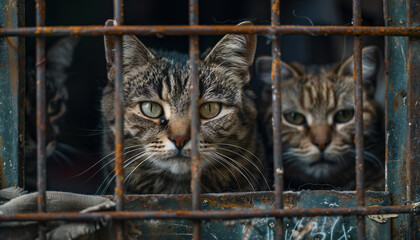 Recreation of a abandonment cats in a cage of an animal shelter