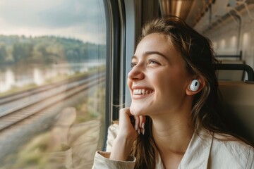 Fototapeta premium Photo of a businesswoman smiling while sitting on the train, wearing AirPods and looking out through an open window. Web banner with empty space on the left side