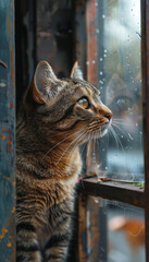 Vertical recreation of a cute cat staring the rain through a window	