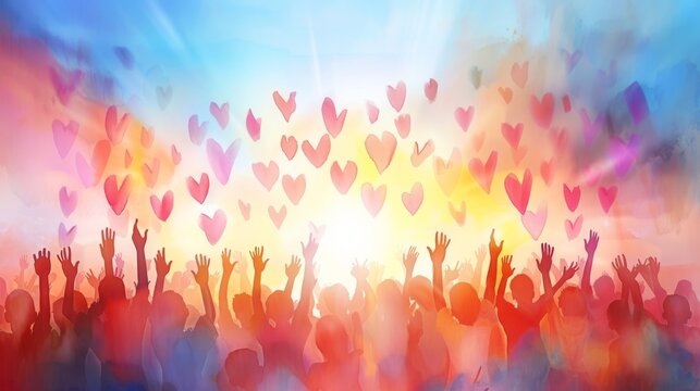A vibrant and colorful illustration of diverse children's silhouettes raising hands with hearts above them against a radiant backdrop.