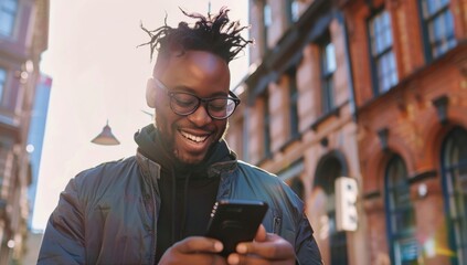 Photo of a happy man looking at his phone on the street in an urban setting. He is smiling and wearing modern clothing. The background features buildings
