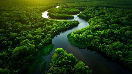 A lush green river delta from an aerial view, with vibrant vegetation and winding waterways under soft light.