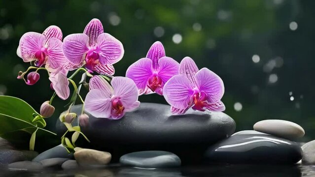 pink Orchids and spa stones balance on calm water, claming spa videos, calming ambient videos, relaxing videos, seamless looping 4k videos, youtube, stock videos, asmr videos, calming nature videos