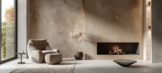 Minimalist living room interior with modern fireplace, armchair and beige plaster walls. Interior layout, 