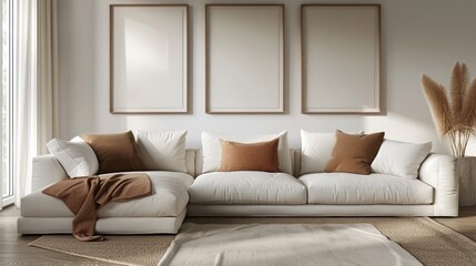 Three empty vertical picture frames above a white sofa with cushions in a modern living room with neutral tones.