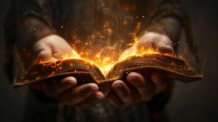 A person holds an open book with glowing, fiery magic emanating from the pages, suggesting a sense of wonder or powerful knowledge.