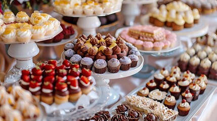 Elegant sweet table ornated variety patisserie baking in the banquet hall buffet with a variety of delicious sweets