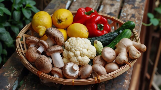 Different types of vegetables in a basket fresh and full of nutrients there are mushrooms tomatoes cucumbers cauliflower lemons ginger ladyfingers yellow and red bell peppers