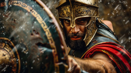 A Spartan warrior in armor with a shield and a sword, an ancient Greek warrior, a muscular ancient soldier.