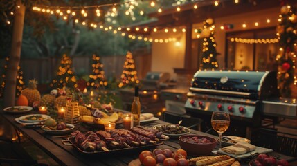 A festive backyard BBQ dinner setup featuring a grill, skewers, fruits, wine, and decorative lights, perfect for evening gatherings.