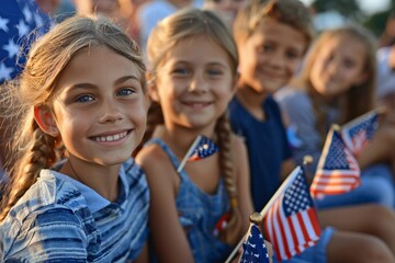 Fototapeta premium Family enjoying a freedom celebration with children holding small American flags near a flagpole