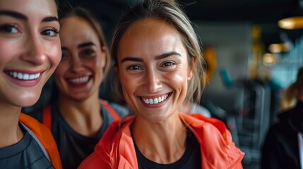 Fototapeta premium Three smiling women in sportswear enjoying time together in a gym with a cinematic feel.