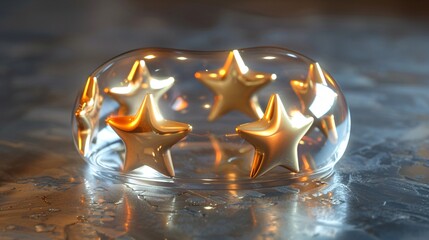 Five Star Rating with Realistic 3D Metallic Golden Stars in Speech Bubble for Customer Feedback and Satisfaction