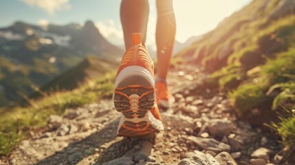 Close-up of a person's legs running in sports shoes with a backpack, on a rocky mountain trail at...