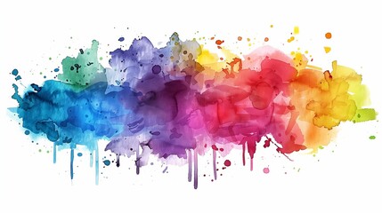 Fototapeta premium Bright colorful watercolor splash splatter stain brush strokes on white background. Modern vibrant aquarelle spot. Rainbow trendy isolated design on white. Element. Vector watercolor illustration.