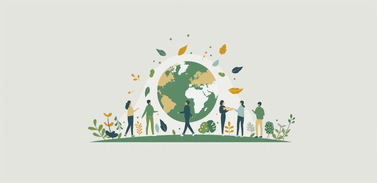 Flat vector illustration of diverse people standing around Earth, promoting global sustainability and unity - Generative ai