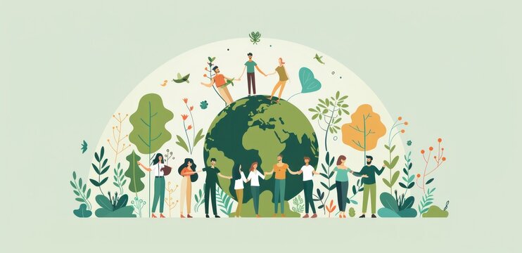 Flat vector illustration of diverse people standing around Earth, promoting global sustainability and unity - Generative ai