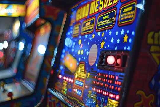 A vintage arcade machine with a vibrant blue background adorned with stars and a large red light. Generative AI