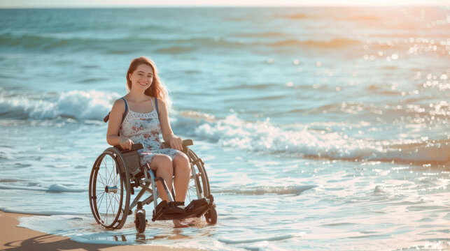 Beach accessibility and handicapped people holidays concept image with happy disabled young woman in a wheelchair. 
