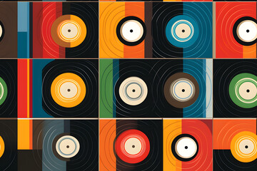Retro geometric pattern with music vinyl records and colorful squares