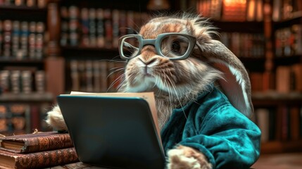 Illustration of an anthropomorphic Easter bunny dressed as a programmer, working intently on a laptop in a library setting.