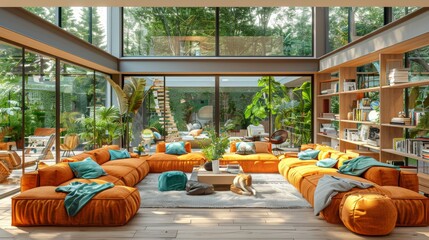 A spacious sunlit living room with large windows, comfortable orange sofas, surrounded by lush indoor plants, exuding a cozy ambiance.